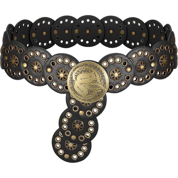 Accessories - Western Women Leather Belt Faux Leather Wide Waist Pony Concho Boho Style